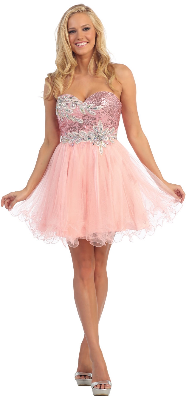 Strapless Floral Sequins Bust Tulle Short Party Prom Dress — in Peach