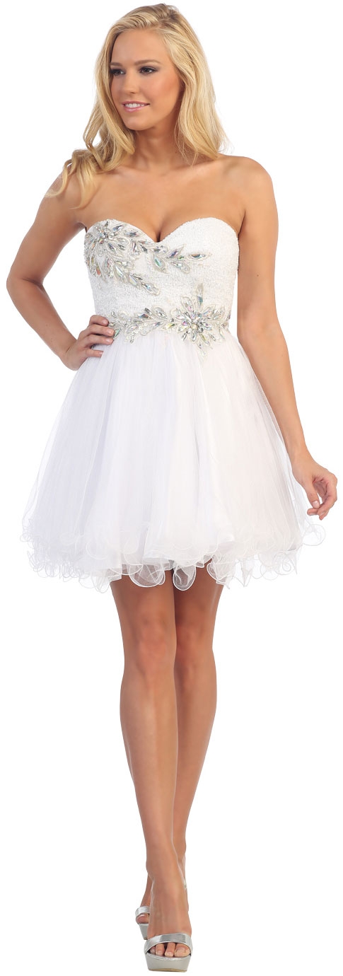 Strapless Floral Sequins Bust Tulle Short Party Prom Dress — in White