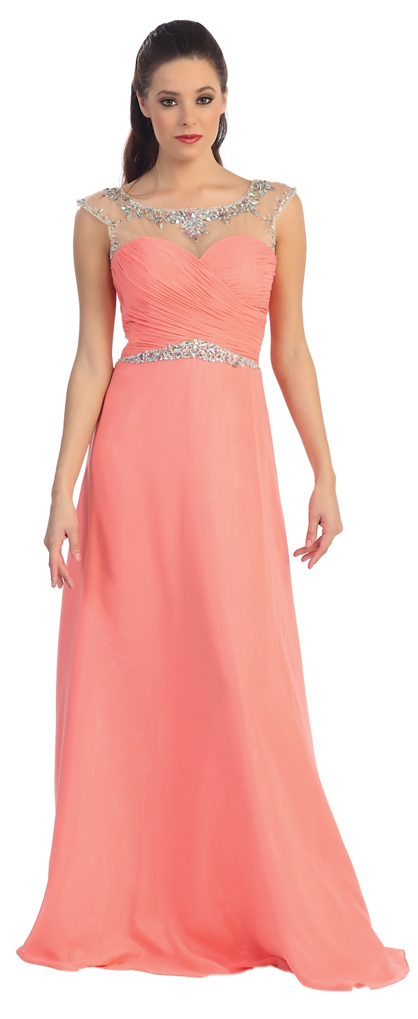 Sheer Neck Long Formal Evening Prom Dress with Rhinestones — in Coral
