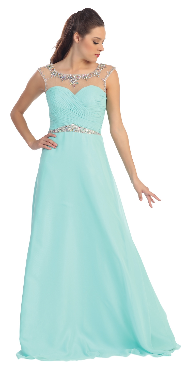 Sheer Neck Long Formal Evening Prom Dress with Rhinestones — in Mint