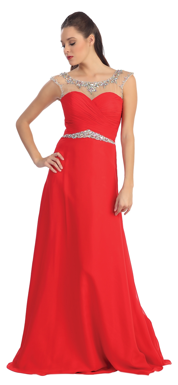 Sheer Neck Long Formal Evening Prom Dress with Rhinestones — in Red