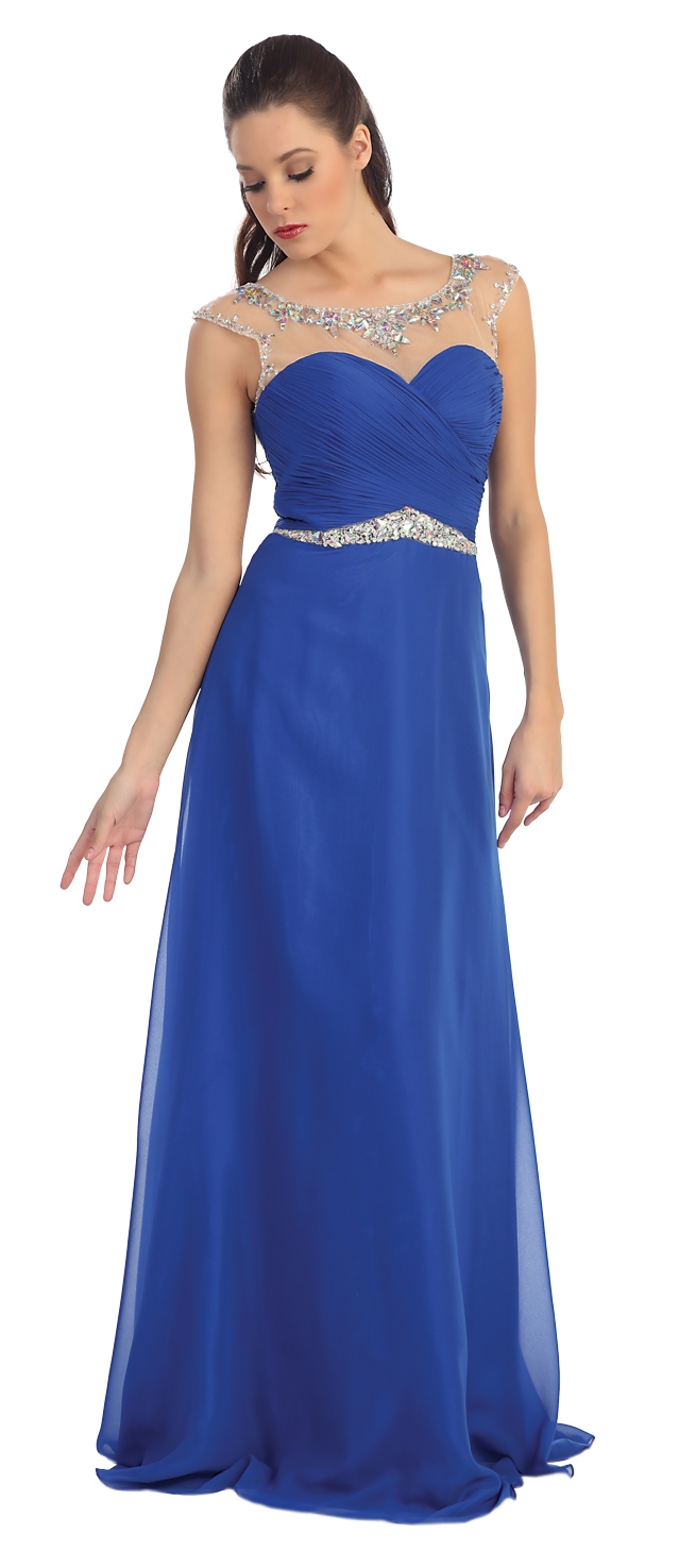 Sheer Neck Long Formal Evening Prom Dress with Rhinestones