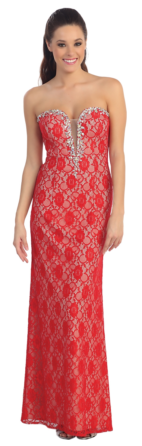Strapless Long Formal Prom Dress In Lace with Rhinestones — in Red