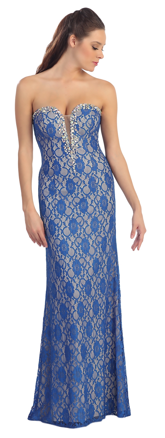 Strapless Long Formal Prom Dress In Lace with Rhinestones