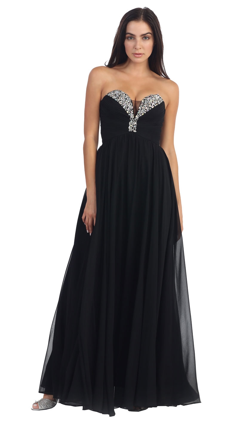 Strapless Rhinestone Bust Long Formal Prom Dress — in Black