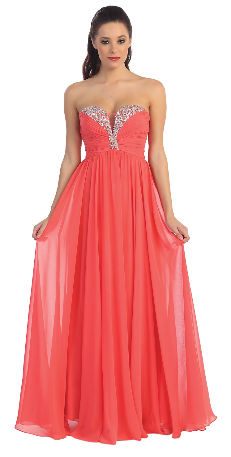 Strapless Rhinestone Bust Long Formal Prom Dress — in Coral