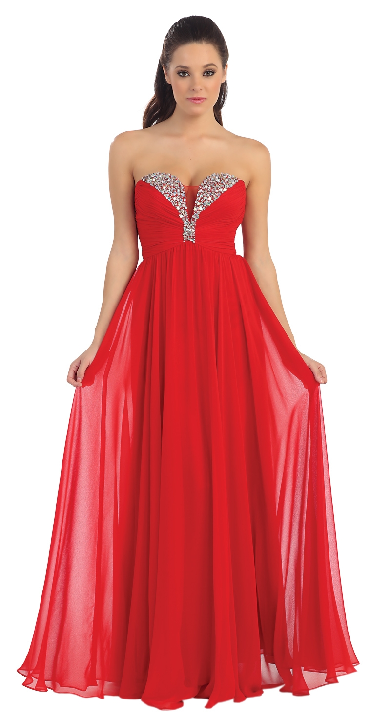 Strapless Rhinestone Bust Long Formal Prom Dress — in Red