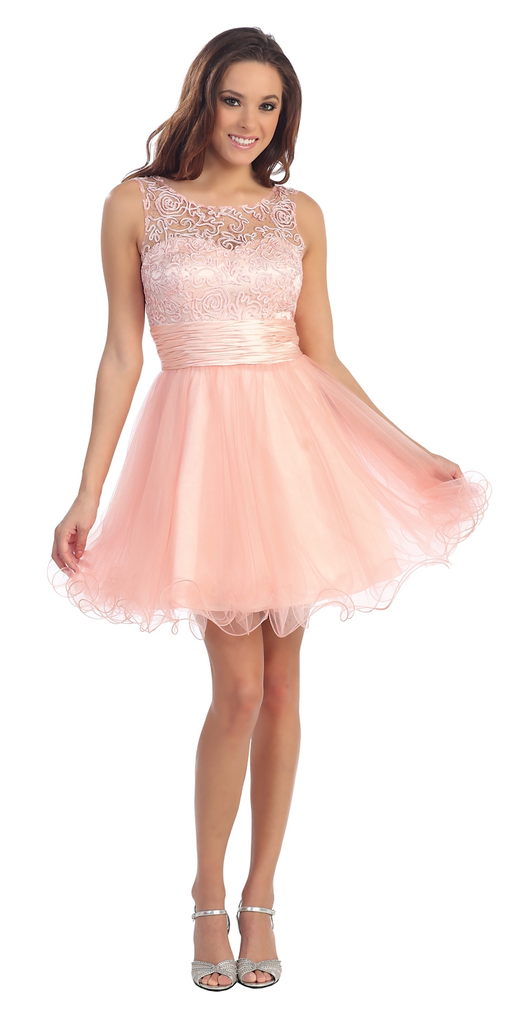 Patterned Sheer Neckline Tulle Short Party Prom Dress — in Peach