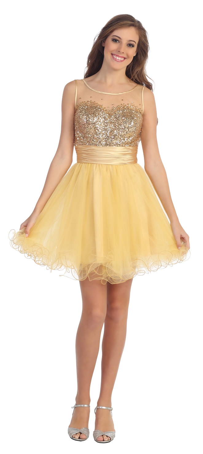 Round Neck Sequins Bust Tulle Short Party Prom Dress — in Gold