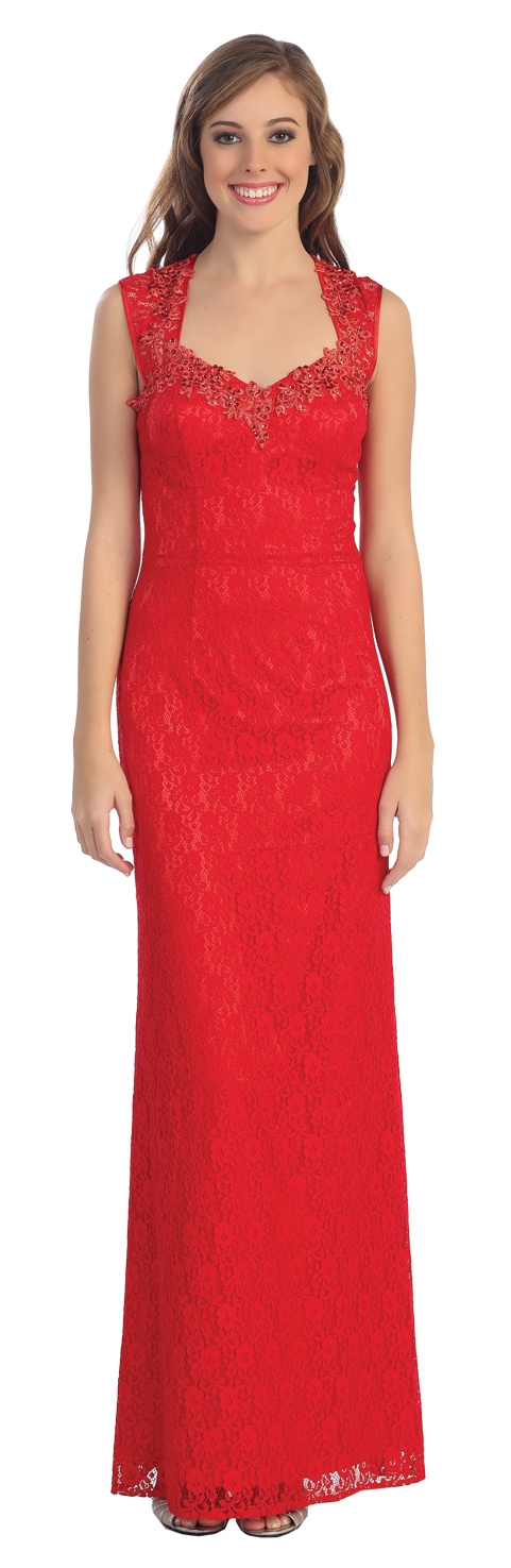 Floral Lace Cutout Back Long Formal Prom Dress — in Red