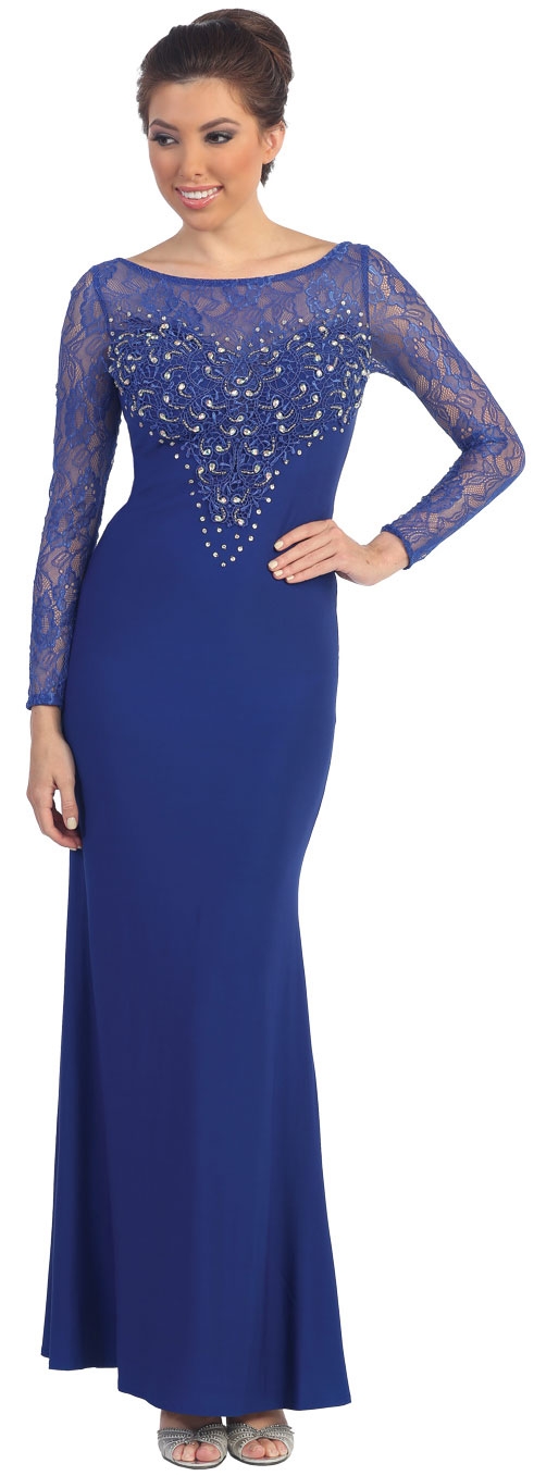 Floral Beaded Lace Full Sleeves Long Formal MOB Dress — in Royal Blue