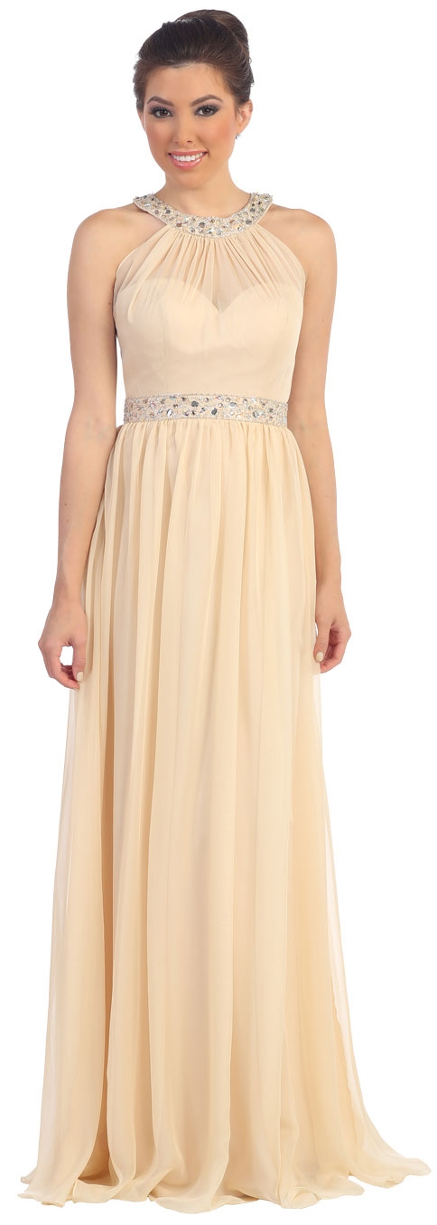 Halter neck Floor Length Formal Prom Dress with Rhinestones — in Champaign