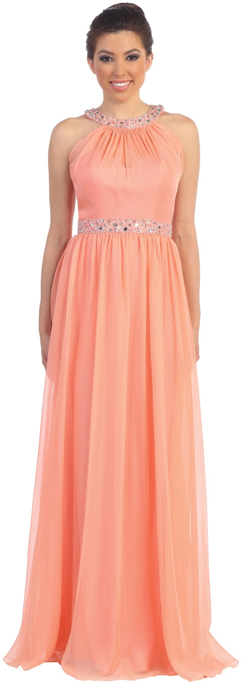 Halter neck Floor Length Formal Prom Dress with Rhinestones — in Coral