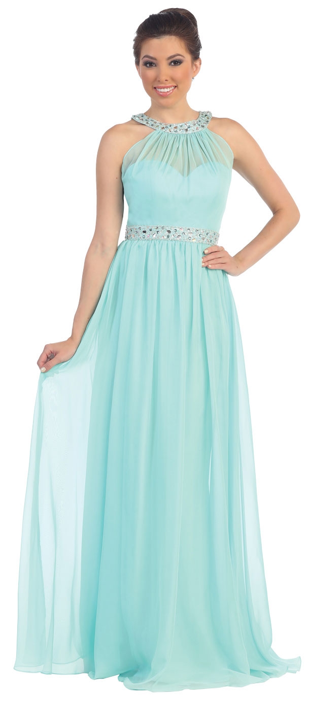 Halter neck Floor Length Formal Prom Dress with Rhinestones — in Mint