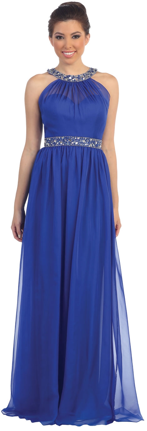 Halter neck Floor Length Formal Prom Dress with Rhinestones