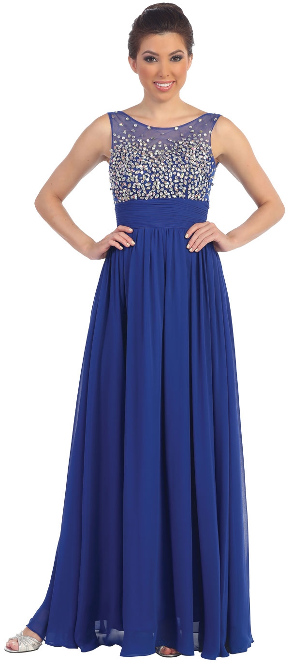 Bejeweled Mesh Top Long Formal Prom Dress — in Royal Blue