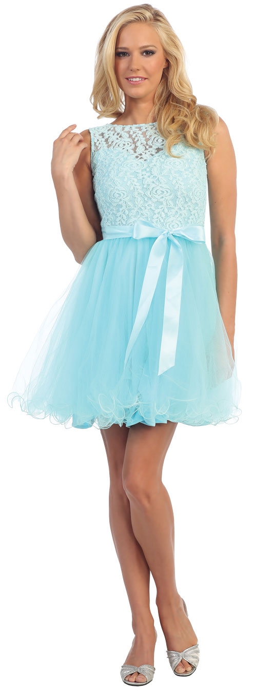 Boat Neck Lace Bust Short Tulle Bridesmaid Party Dress — in Baby Blue