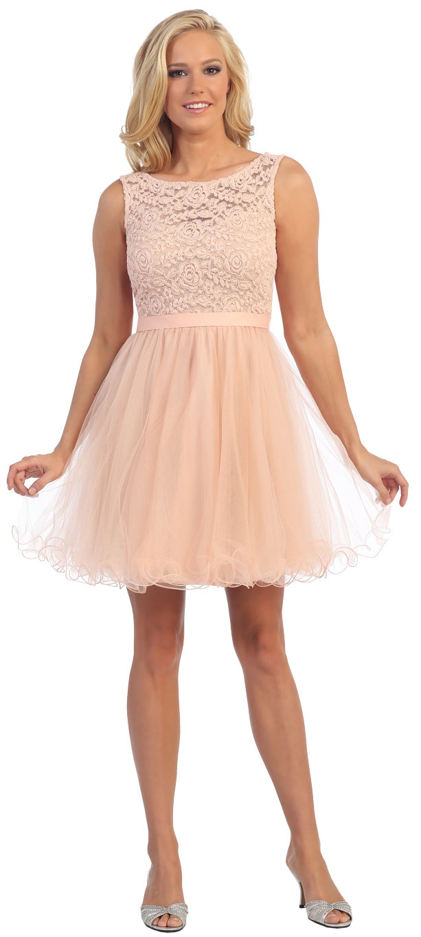 Boat Neck Lace Bust Short Tulle Bridesmaid Party Dress — in Peach