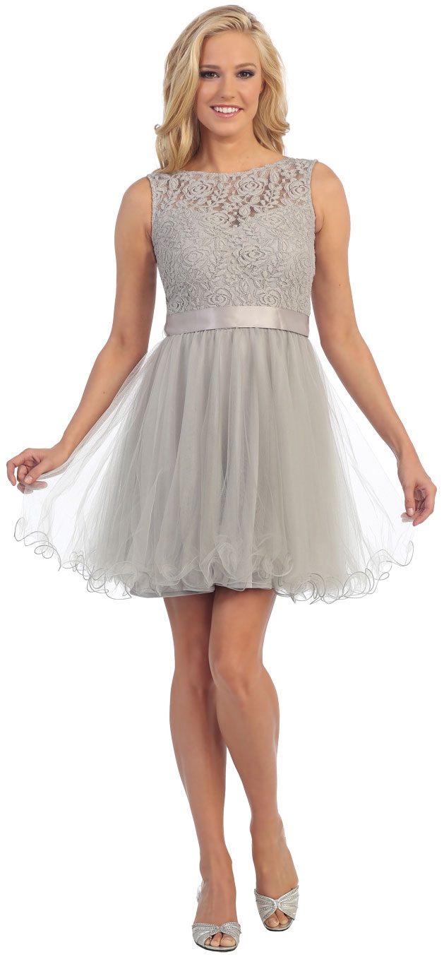 Boat Neck Lace Bust Short Tulle Bridesmaid Party Dress