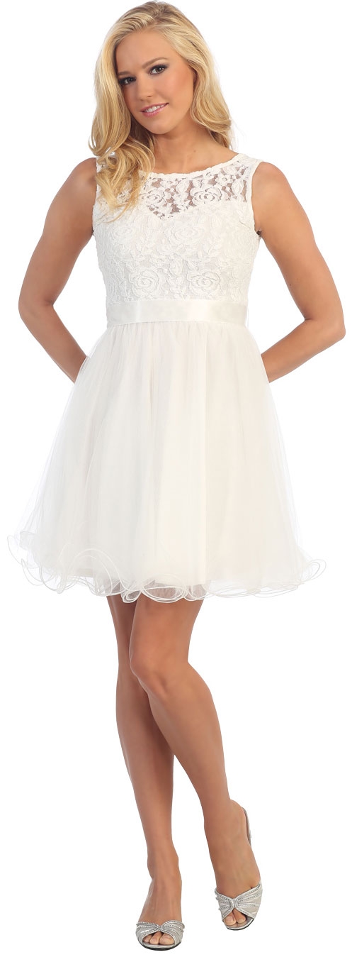 Boat Neck Lace Bust Short Tulle Bridesmaid Party Dress — in White