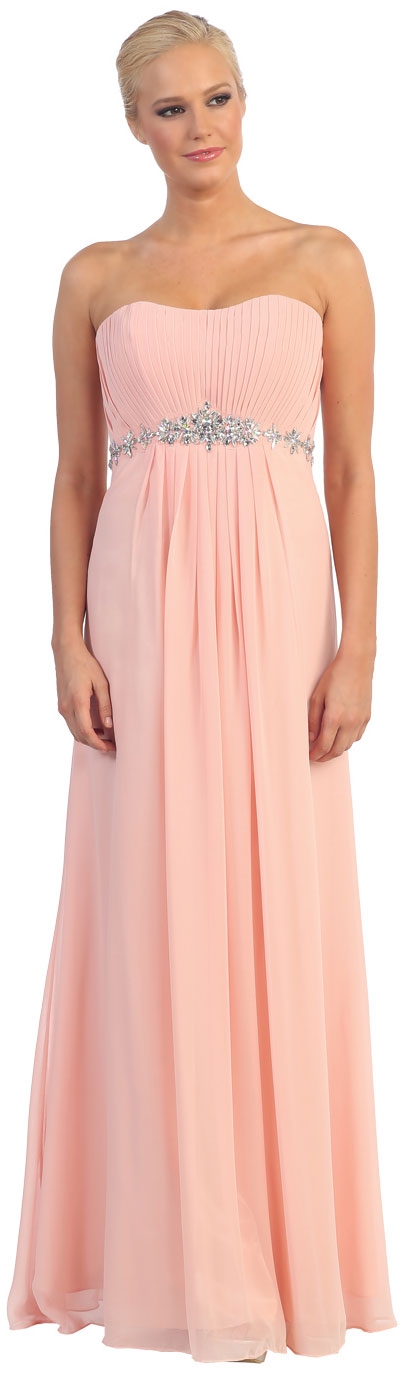 Strapless Pleated Bust with Stones Formal Bridesmaid Dress — in Peach