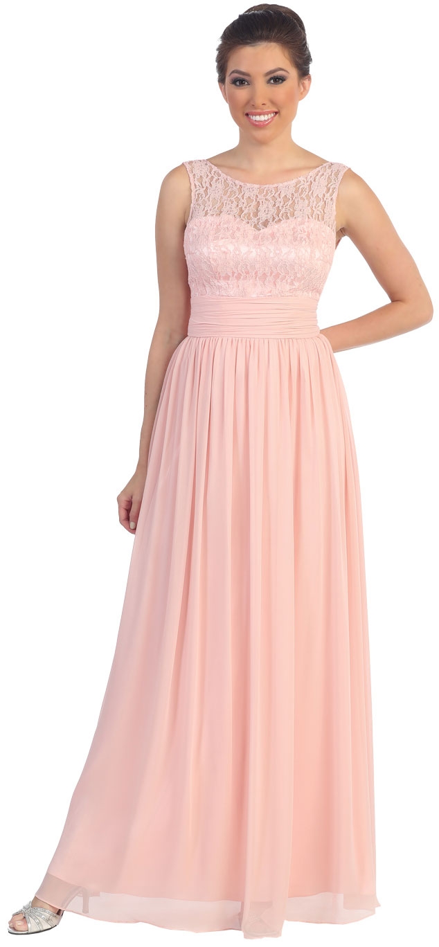 Round Neck Lace Bodice Long Formal Bridesmaid Dress — in Blush