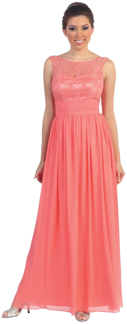 Round Neck Lace Bodice Long Formal Bridesmaid Dress — in Coral