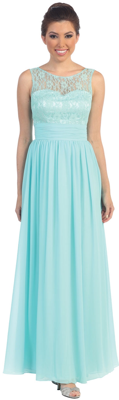 Round Neck Lace Bodice Long Formal Bridesmaid Dress — in Mint