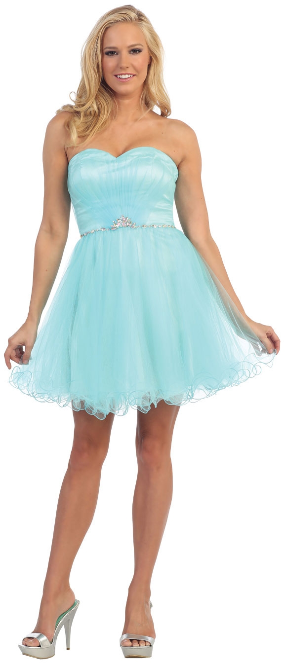 Strapless Bejeweled Waist Short Tulle Graduation Party Dress — in Aqua