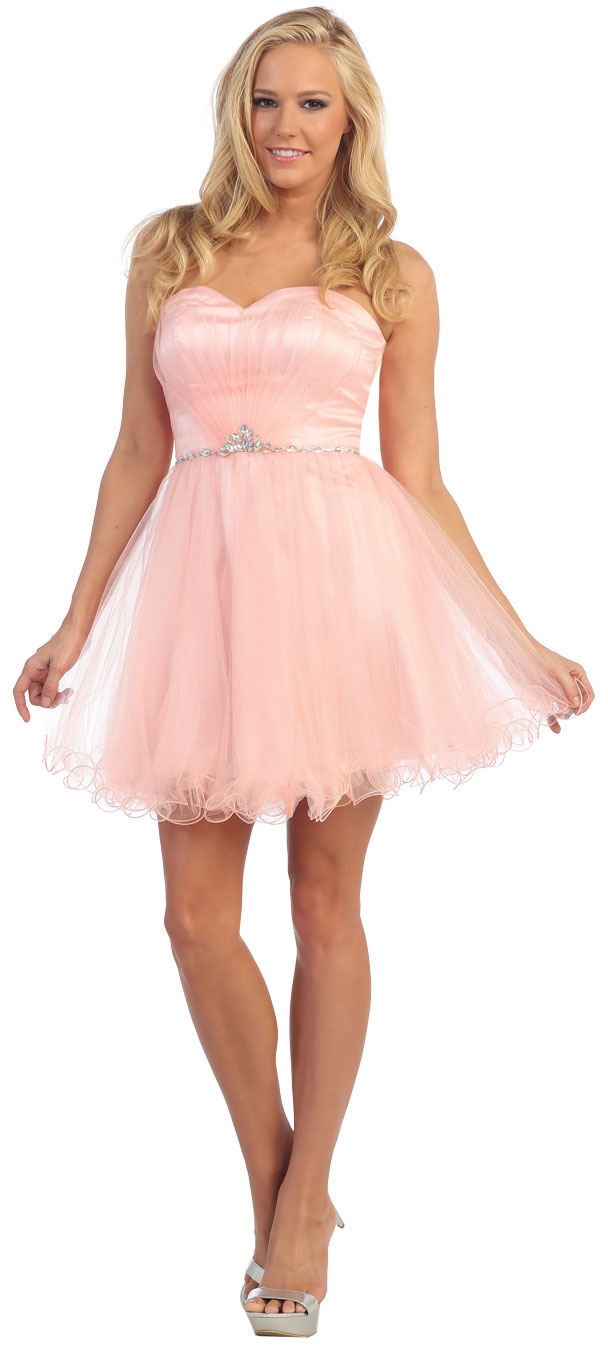 Strapless Bejeweled Waist Short Tulle Graduation Party Dress — in Blush