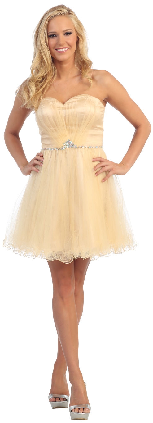 Strapless Bejeweled Waist Short Tulle Graduation Party Dress — in Gold