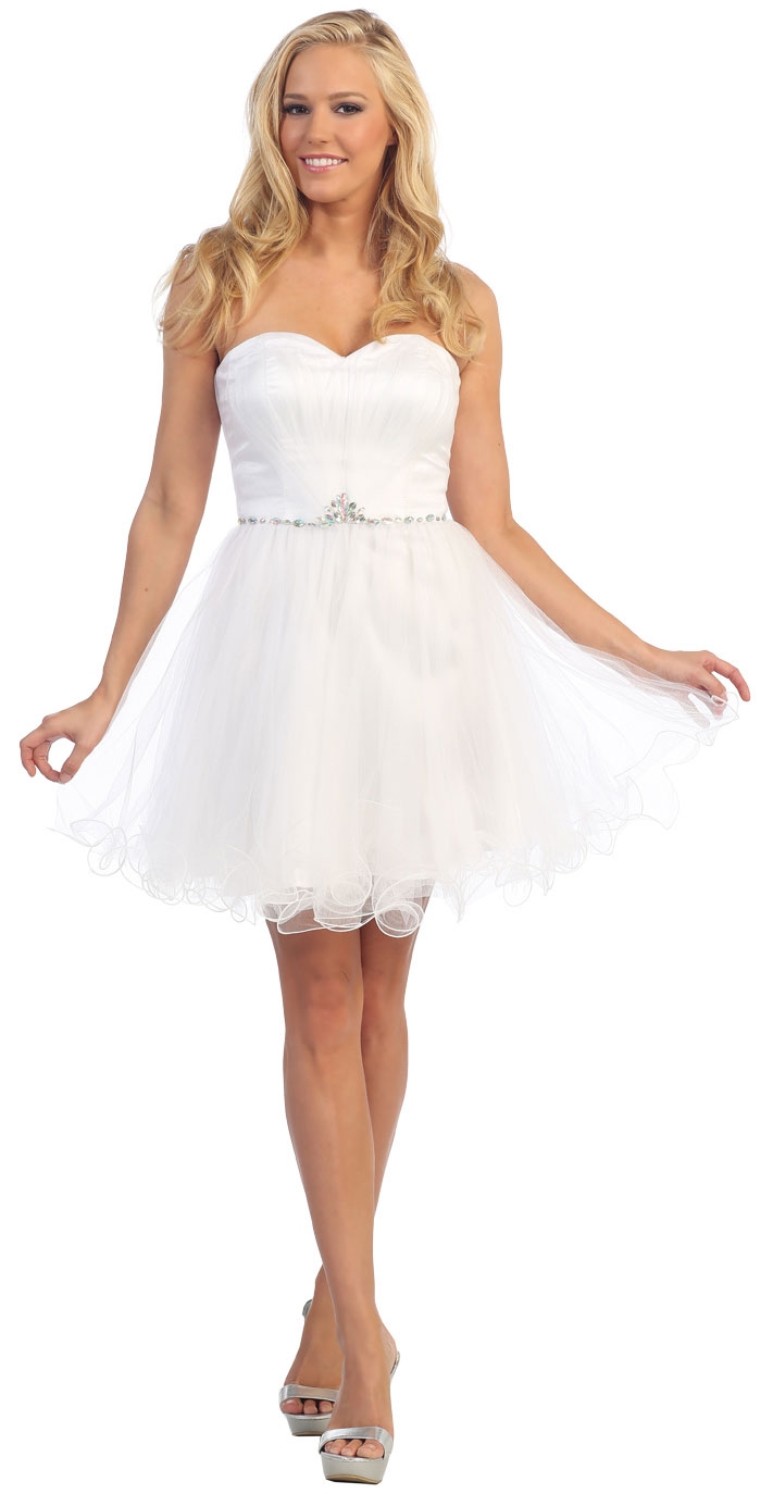 Strapless Bejeweled Waist Short Tulle Graduation Party Dress — in White