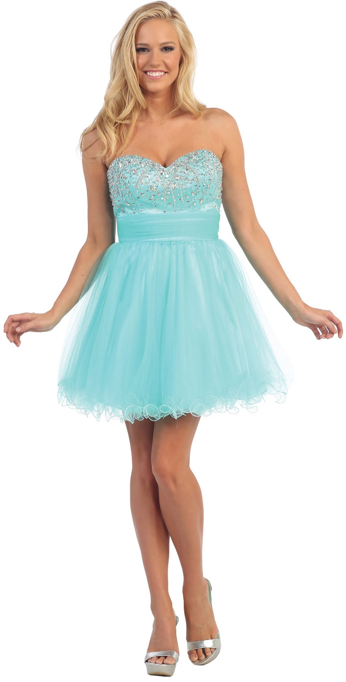 Strapless Beaded Bodice Short Tulle Party Prom Dress — in Aqua