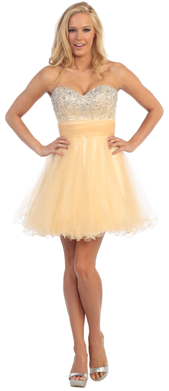Strapless Beaded Bodice Short Tulle Party Prom Dress — in Gold