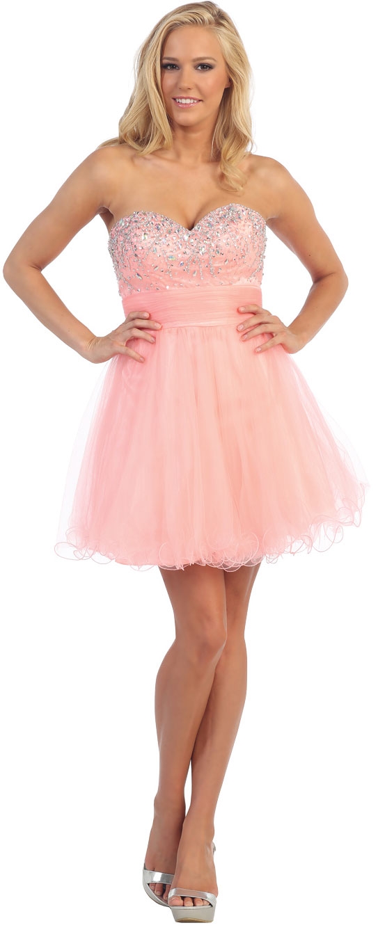 Strapless Beaded Bodice Short Tulle Party Prom Dress — in Peach