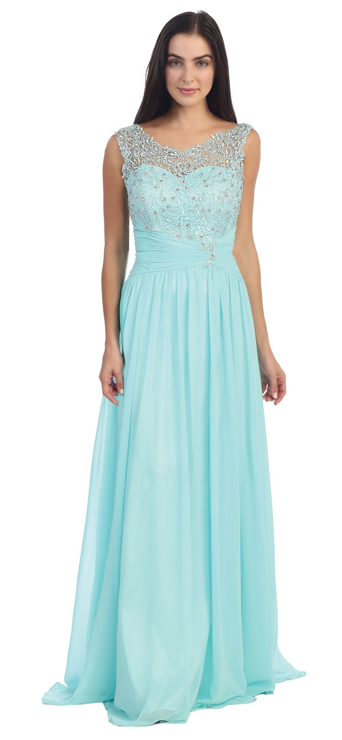 Round Neck Lace Beaded Bodice Long Formal Prom Dress — in Aqua