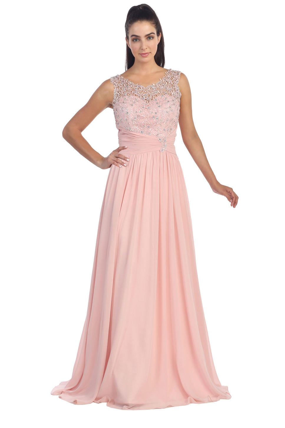 Round Neck Lace Beaded Bodice Long Formal Prom Dress — in Blush