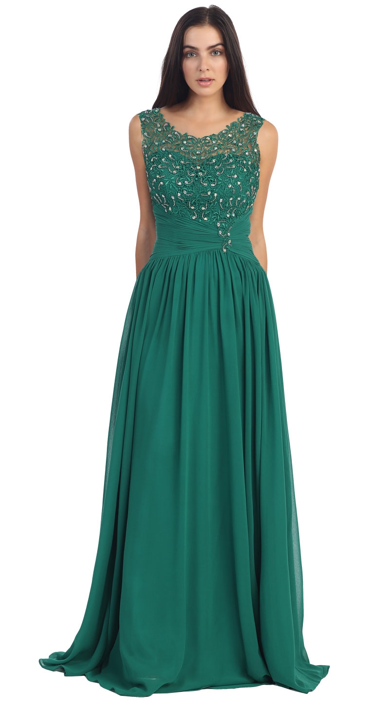 Round Neck Lace Beaded Bodice Long Formal Prom Dress — in Hunter Green