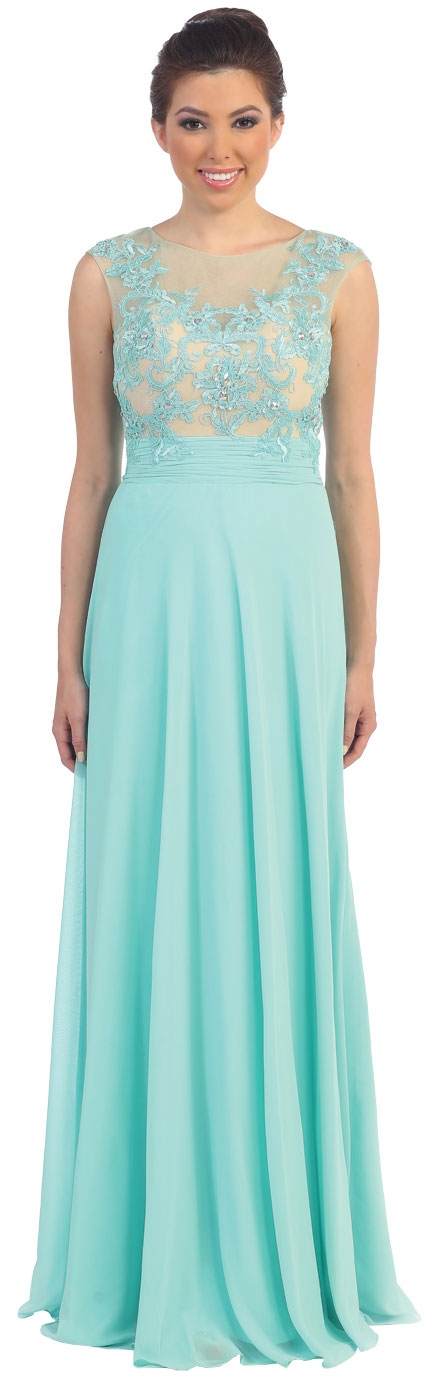 Floral Lace Bust Long Formal Prom Dress with Cutout Back — in Mint