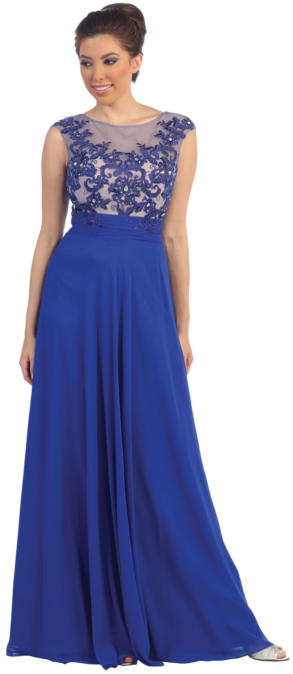 Floral Lace Bust Long Formal Prom Dress with Cutout Back — in Royal Blue