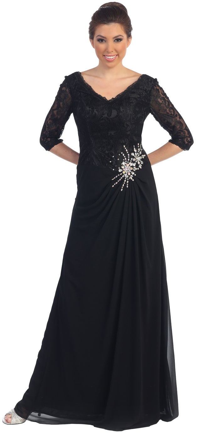 V-Neck Lace Top Long Formal Mother of the Bride Dress — in Black