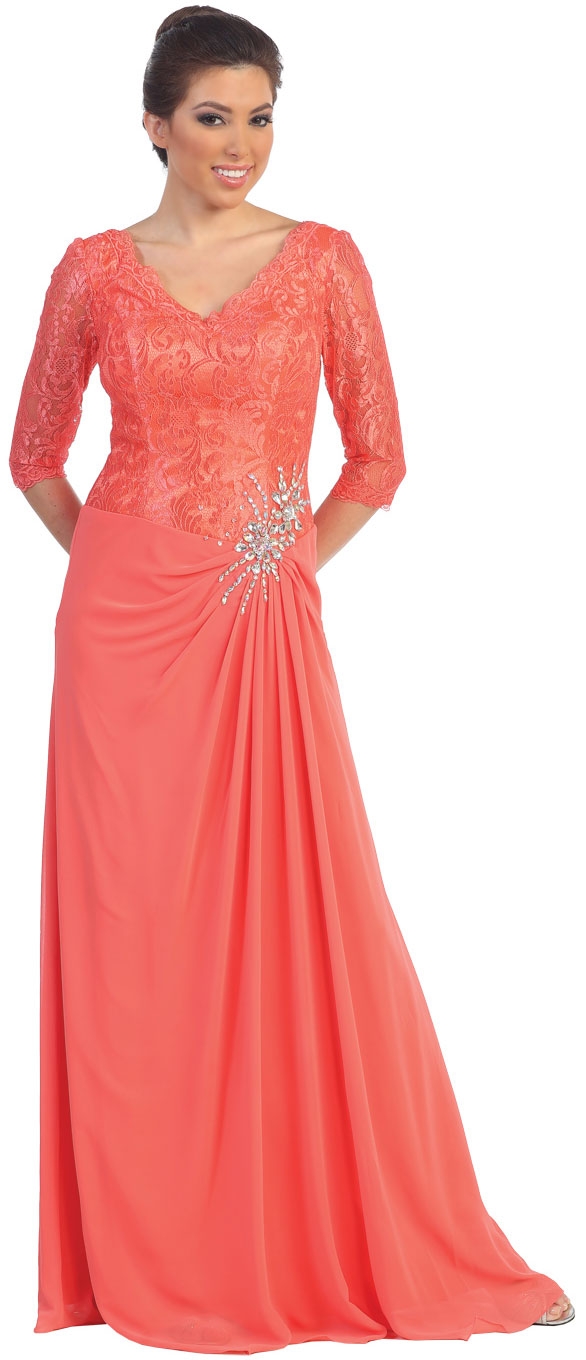 V-Neck Lace Top Long Formal Mother of the Bride Dress — in Coral