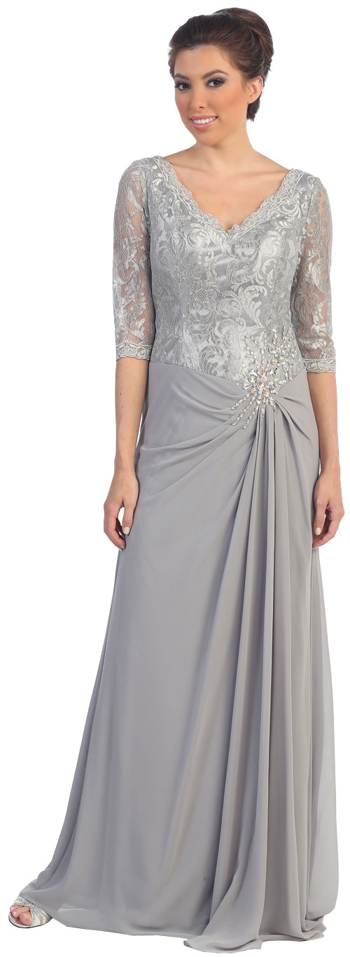 V-Neck Lace Top Long Formal Mother of the Bride Dress — in Silver