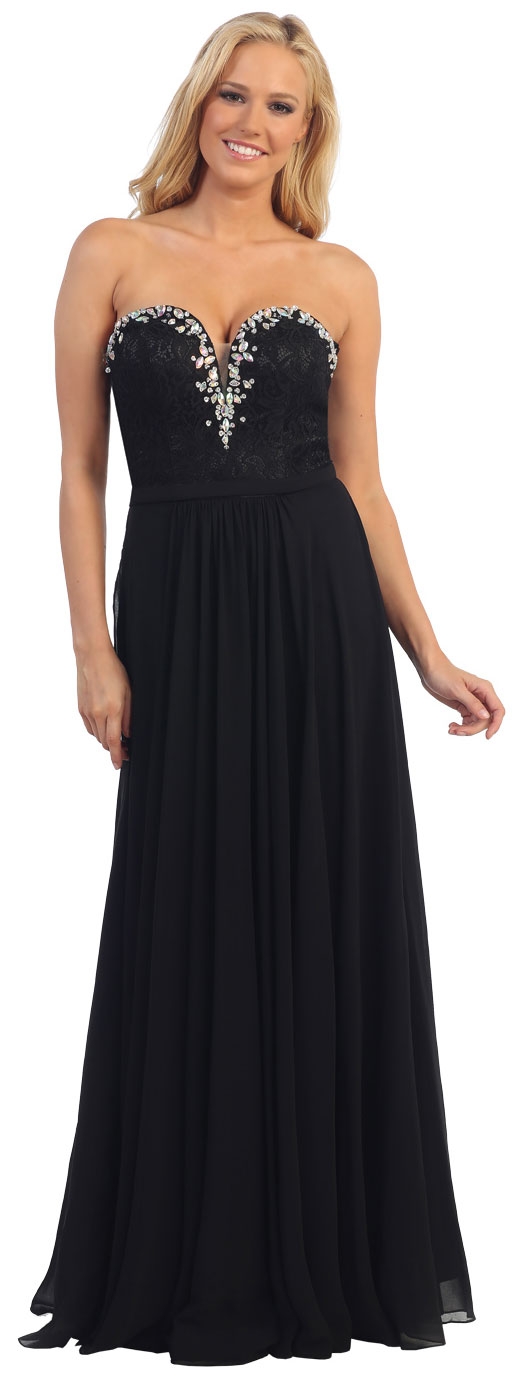 Strapless Long Formal Prom Dress with Lace & Rhinestones — in Black