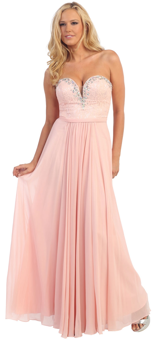 Strapless Long Formal Prom Dress with Lace & Rhinestones — in Blush