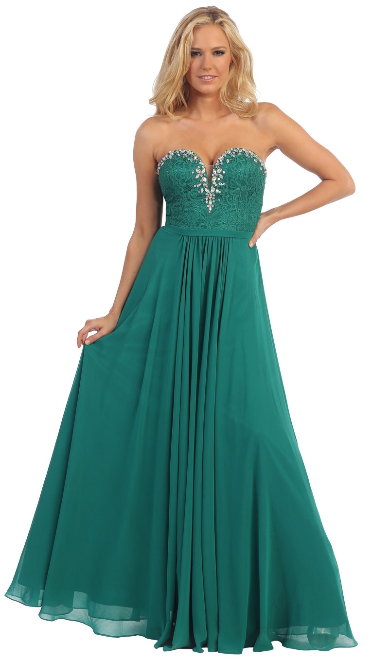 Strapless Long Formal Prom Dress with Lace & Rhinestones — in Green