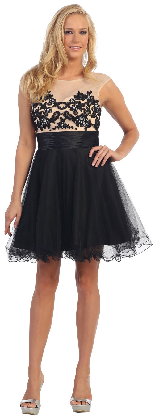 Floral Pattern Bodice Short Tulle Party Prom Dress — in Black