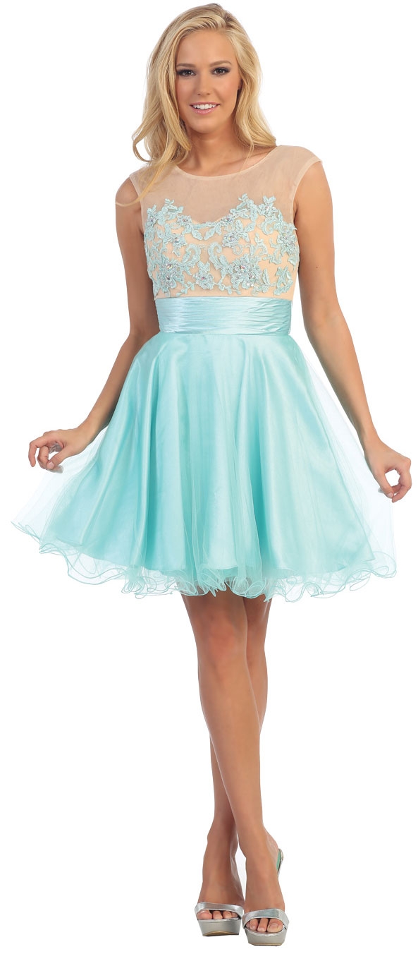 Floral Pattern Bodice Short Tulle Party Prom Dress — in Mint
