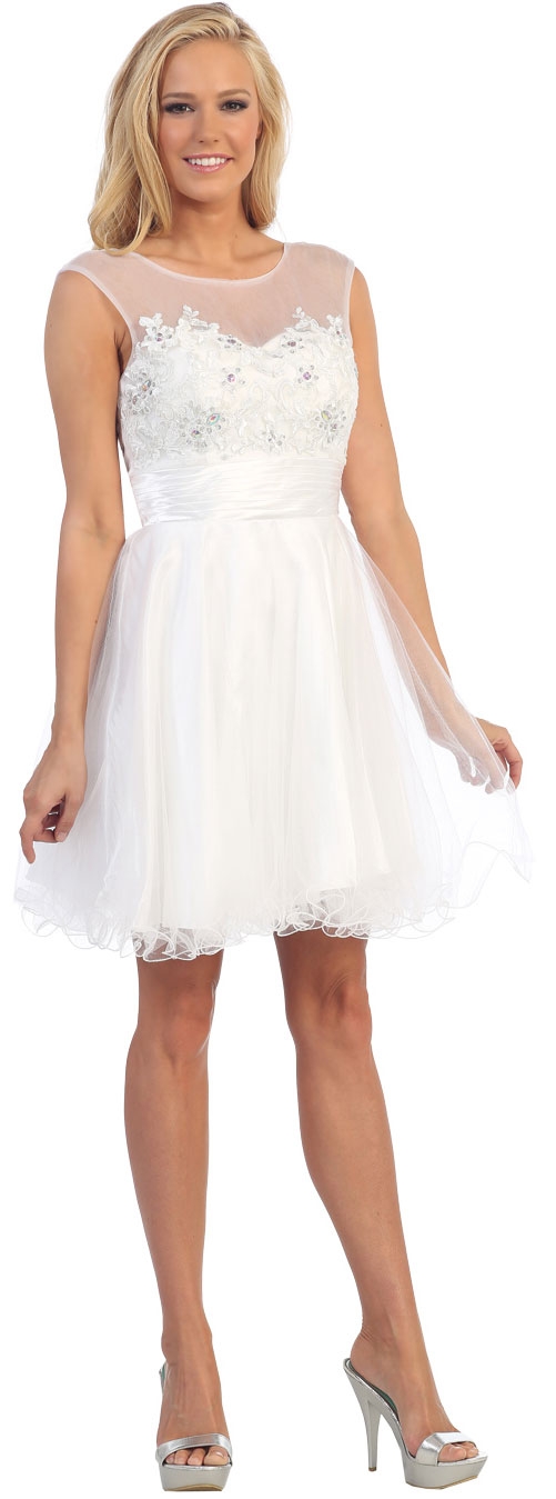 Floral Pattern Bodice Short Tulle Party Prom Dress — in White