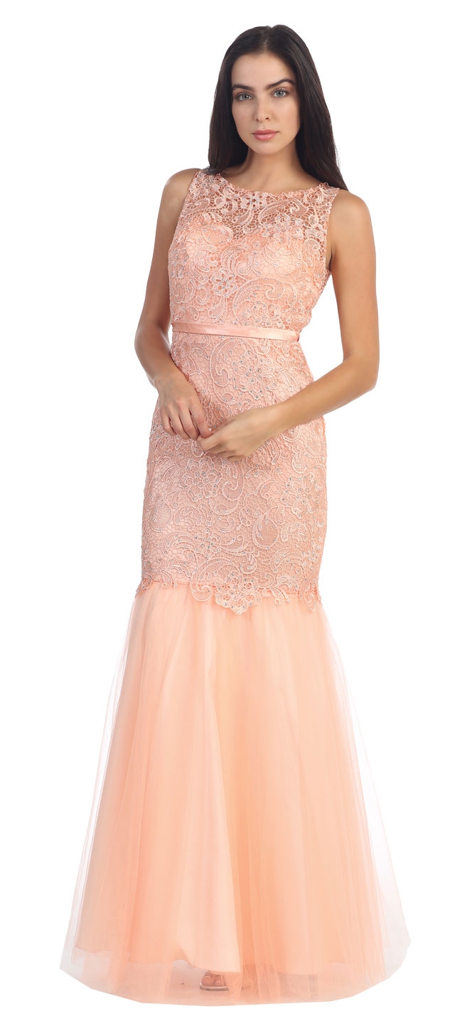 Lace Bodice Mermaid Mesh Skirt Long Formal Prom Dress — in Peach